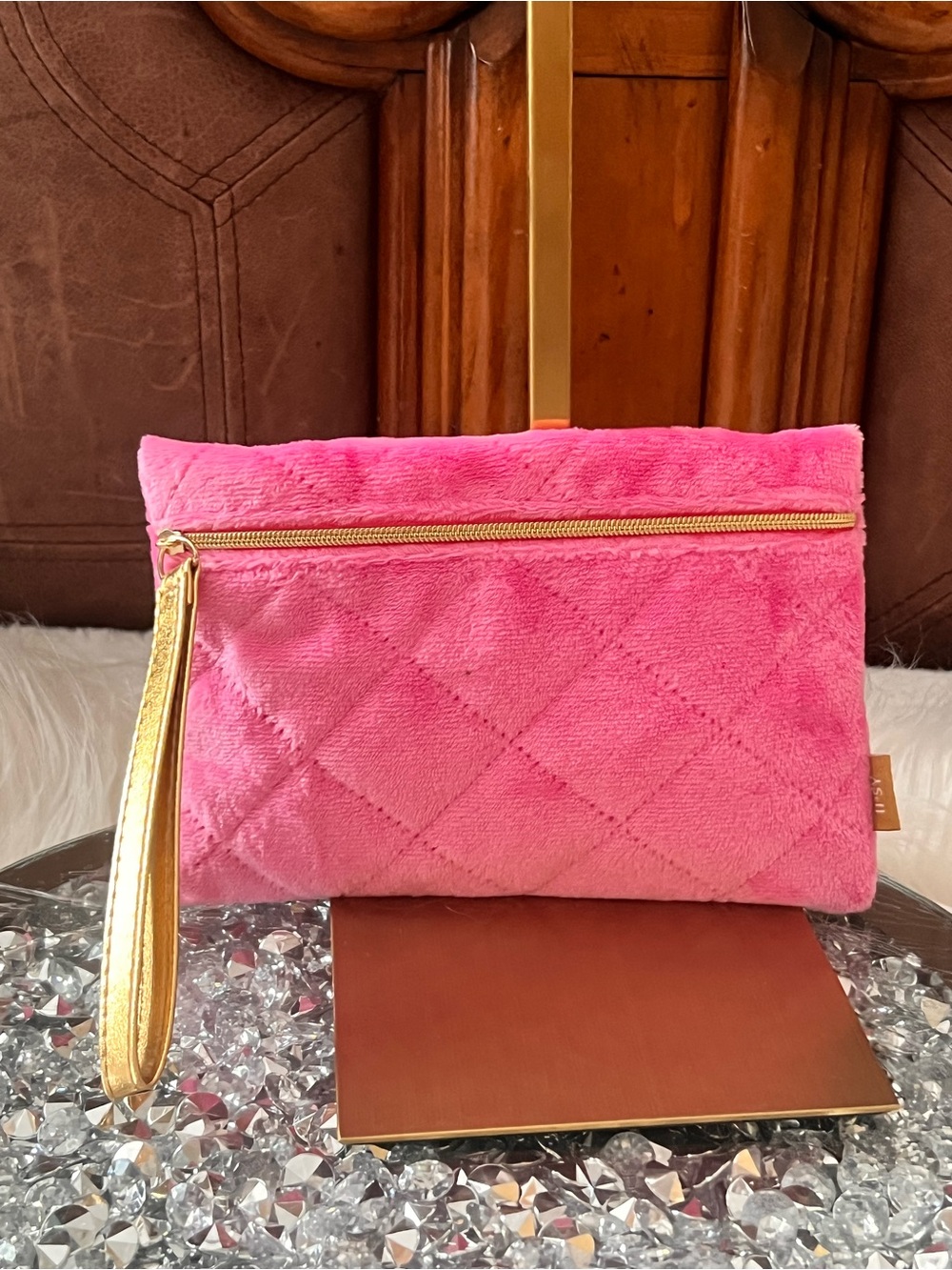 ipsy Hot Pink Quilted Wristlet with Gold Zipper